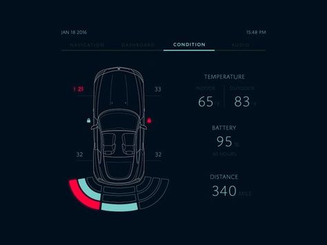 A very useful interaction added into car interface as Driving Radar. Displays if others cars are too close when driving or the car is too close to other obstacles. Car condition displayed with impo...: Dark Dashboard, Navigation Ui, Car Decoration Ideas, Hud Design, Car Dashboard Decor, Dashboard Interface, Car App, Car Ui, Digital Dashboard