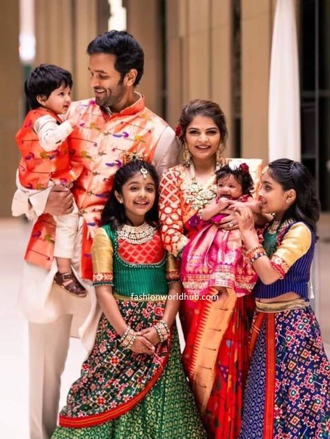 Vishnu Manchu family in Traditional outfits! | Fashionworldhub Manchu Vishnu Daughters Dresses, Paithani Family Outfits, Kalamkari Family Outfits, Patola Dress For Kids, Family Traditional Outfits Indian, Manchu Vishnu Family, Family Wedding Outfits, Kids Traditional Wear Indian, Silk Outfits