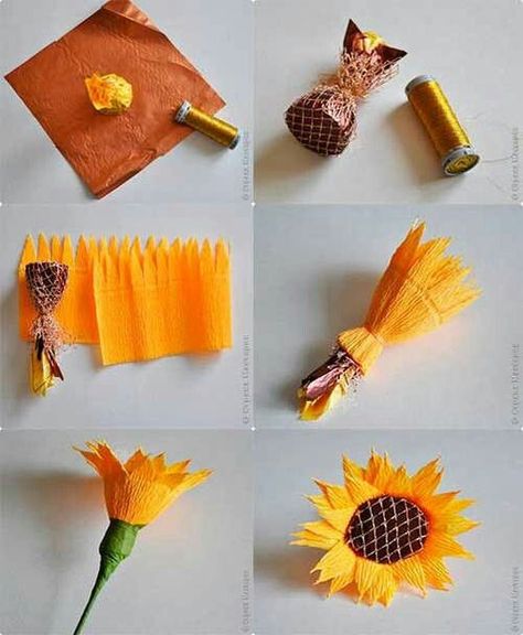 How To Diy Crepe Paper Chocolate Sunflower Crepe Flowers, Chocolate Flowers Bouquet, Fabric Flower Bouquet, Candy Bouquet Diy, Paper Sunflowers, Candy Flowers, Chocolate Flowers, Paper Bouquet, Candy Bouquet