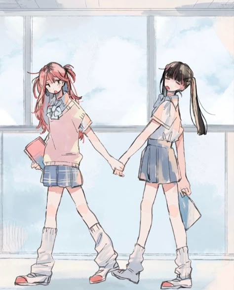 illustration of two girls holding hands in a school hallway. the hallway has windows giving a pleasant view of blue cloudy skies. One girl has long pink hair with top half tied up on each sides. the other girl has long black hair put into pigtails. the pink haired girl seems to be dragging along the black haired girl by her hand. both girls are in school-outfit attire with pleated skirts. Introverted, Instagram Profile, Illustrator, Instagram Photos, On Twitter, Twitter, On Instagram, Instagram