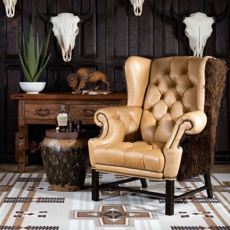 Decorated Living Room, Adobe Interior, Western Living Room, Bison Leather, American Bison, Leather Bound Books, Saddle Leather, Ranch Style, Rustic Elegance