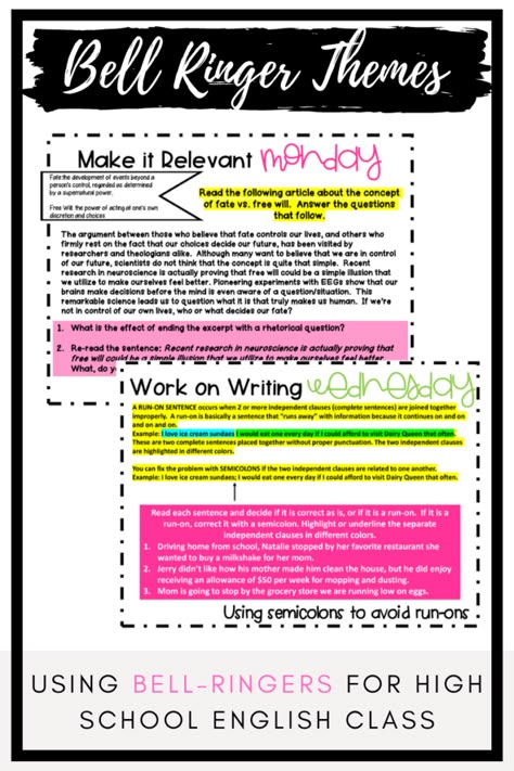 High School Bell Ringers English, Bellringers For High School, High School English Bell Ringers, Teaching College English, Bell Ringers For High School English, High School Bell Ringers, High School Ela Activities, Middle School English Activities, Bell Ringers For High School