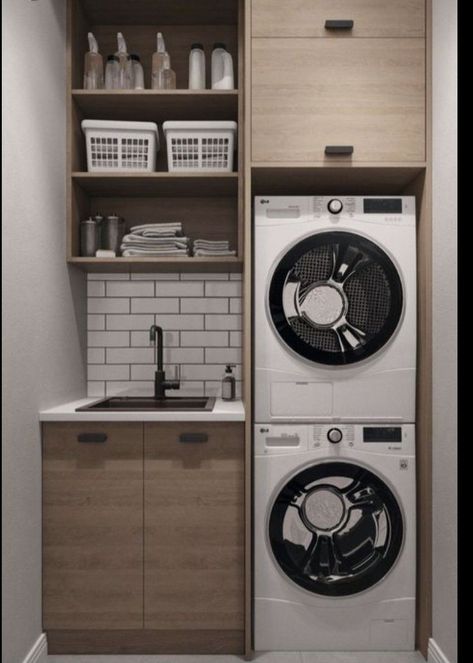 Small Contemporary Laundry Room, Small Utility With Sink, Modern Small Laundry Room Ideas, Wall Living Room Decor Ideas, Laundry Room Dimensions, Apartment Laundry Room, Compact Laundry Room, Wall Living Room Decor, Washing Room