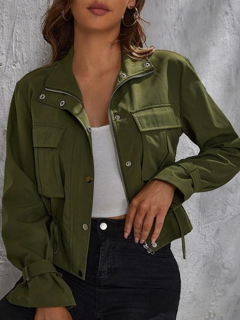 Verde militar Casual Collar manga larga Tela Liso Más Embellished No-Elástico Primavera/Otoño Ropa de Exterior para Mujer Outfits Verde, Blazer Verde, Casual Oufits, Job Clothes, Waist Jacket, Women Outerwear, Women Jackets, Streetwear Fashion Women, 90s Style