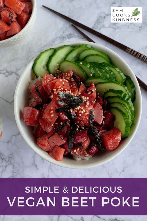 This Vegan Beet Poke is inspired by the classic Hawaiian Dish! This easy dish features tender beets marinated in a simple, fishy and delicious marinade. Delicious eaten alone or over rice to make your own poke bowl at home! Beet Poke Bowl, Vegan Beet Recipes, Beet Poke, Poke Salad, Ital Food, Poke Recipe, Vegan Caesar Salad, Poke Bowl Recipe, Hawaiian Dishes