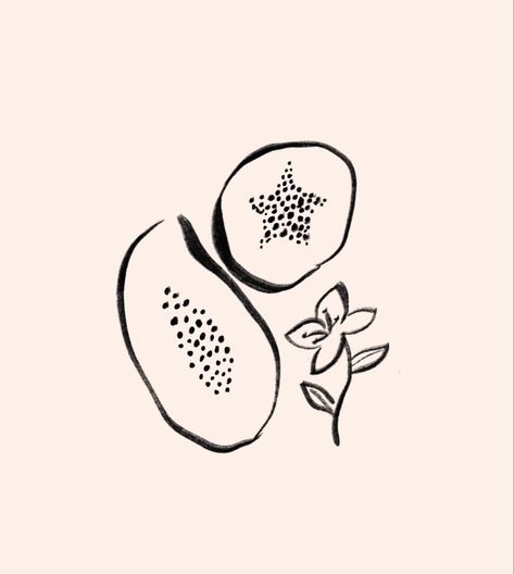 Papaya Tattoo Art, Tropical Fruit Tattoo, Cantaloupe Tattoo, Papaya Drawing Simple, Papaya Drawing, Papaya Tattoo, Papaya Illustration, Mango Tattoo, Papaya Flower