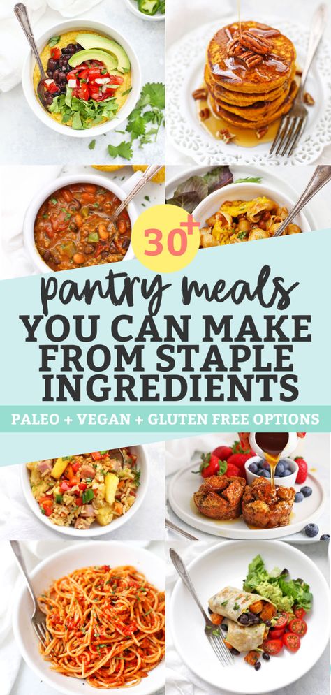 30+ Pantry Meals You Can Make from Staple Ingredients. Easy pantry dinners made from pantry ingredients. // Pantry recipes // Budget dinner recipes // #pantryrecipes #pantrydinner #healthydinner #budgetdinner Pantry Clean Out Meals, Easy Pantry Dinners, Pantry Dinner Ideas Easy Meals, Pantry Meals Clean Out, Pantry Clean Out Recipes, Easy Pantry Dinner, Pantry Staple Meals, Pantry Dinner Ideas, Bag Meals