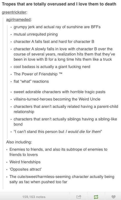 ALL OF THEM Writing Tropes Funny, Tropes I Love, Love Story Tropes, Love Realization Prompts, Cliche Tropes, Lover Tropes, Love Tropes List, Tropes Writing, Tropes List