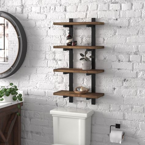 Steelside™ Pomona 36"H 4-Shelf Metal and Solid Wood Bath Wall Shelf & Reviews | Wayfair Industrial Bathroom Shelves, Bathroom Wall Shelves Above Toilet, Material Shelves, Highlights Natural, Tiered Shelf, Organizing Bathroom Cabinets, Bath Shelf, Wood Bath, Bathroom Wall Shelves