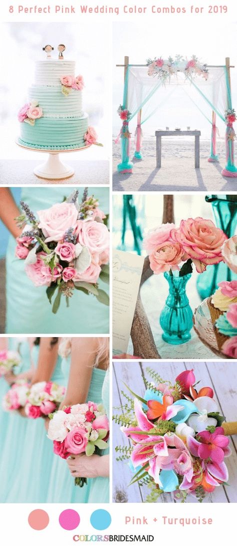 Mermaid Wedding Color Scheme, May Beach Wedding Colors, Teal And Pink Wedding, Beach Wedding Color Palette, June Wedding Colors, Spring Beach Wedding, Beach Wedding Colors Schemes, Beach Wedding Pink, Wedding Motif