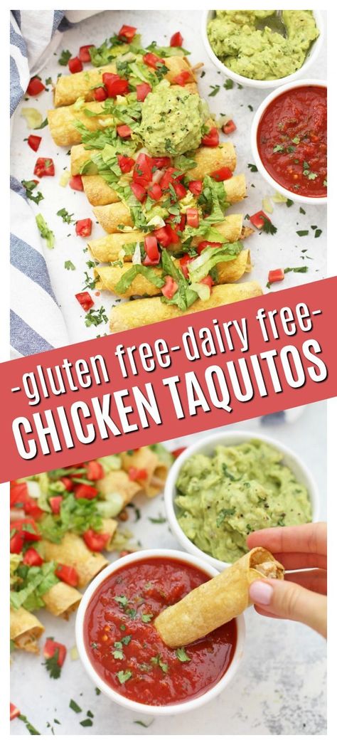 Baked Chicken Taquitos, Homemade Taquitos, Gluten Free Dairy Free Dinner, Dairy Free Bread, Crunchy Chicken, Dairy Free Recipes Dinner, Baked Chicken Tacos, Dairy Free Snacks, Dairy Free Dinner