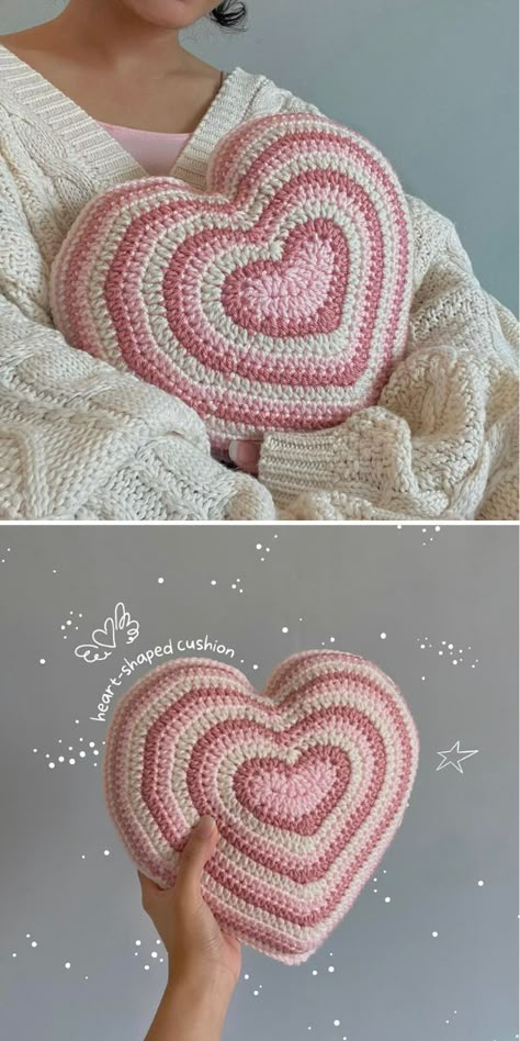 Crochet Free Pillow Pattern, Free Pink Crochet Patterns, Room Crochet Decor Ideas, Crochet Fun Pillows, Galentines Gifts Crochet, Heart Pillow Crochet Pattern Free, Heart Crochet Projects, Crochet Patterns Free Pillow, Bedroom Crochet Ideas