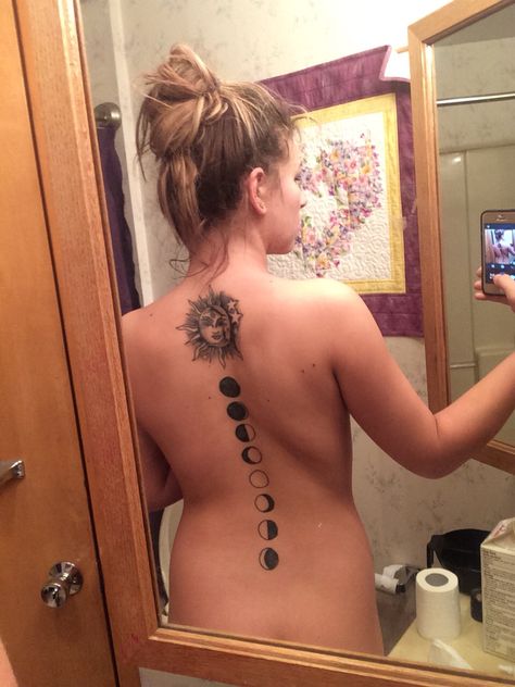 #sunandmoon #tattoo #moonphases #sun #moon #phases #cycle Moon Phases Back Tattoo, Phases Of The Moon Tattoo, The Moon Tattoo, Moon Phases Tattoo, Phases Of The Moon, Moon Tattoo, Dreamcatcher Tattoo, Back Tattoo, Sun Moon