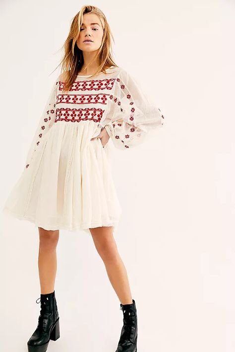 Need Me Embroidered Mini Dress | Free People Free People Sweater Dress, Embroidered Mini Dress, Denim Outfits, Free People Mini Dress, Balloon Sleeve Dress, Denim Clothing, Boho Mini Dress, Blush Dresses, Mesh Sleeves