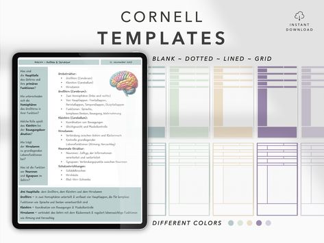 The Cornell note-taking method offers a systematic way to record, organize, and review study material. It breaks down the page into cues, summaries, and in-depth notes, fostering active listening and better memory recall. These templates, available for purchase, will help you maintain neat and orderly notes 🤍 Organized Notes, Memory Retention, Ipad Goodnotes, Cornell Notes, Beautiful Notes, Active Listening, Taking Notes, Academic Success, Study Materials