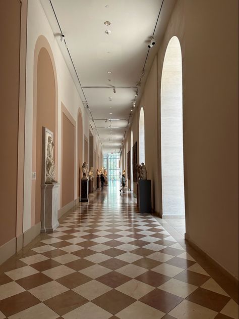 Checkered floors, long hallway, museum, the met museum, The met museum aesthetic, new york city aesthetic, fall, checkered floors, checkerboard floor, neutral interior design, architecture, whimsical interior design Checkered Terracotta Floor, Black And Tan Checkered Floor, Brown Checkerboard Floor, Brown And Beige Checkered Floor, Vintage Checkered Floor, Beige And White Checkerboard Floor, Tan And White Checkered Floor, Conservatory Kitchen Extension, Checkerboard Tile Floor