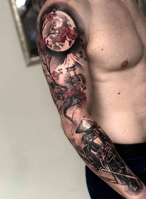 Full Mens Sleeve Tattoo, Red Samurai Tattoo, Japanese Samurai Tattoo Forearm, Tattoo Ideas For Men Sleeve Japanese, Tattoo Sleeve Samurai, Sleeve Tattoos Japanese Mens Arm, Tattoo Ideas For Men Forearm Japanese, Japanese Temple Sleeve Tattoos, Japan Tattoo Arm Men