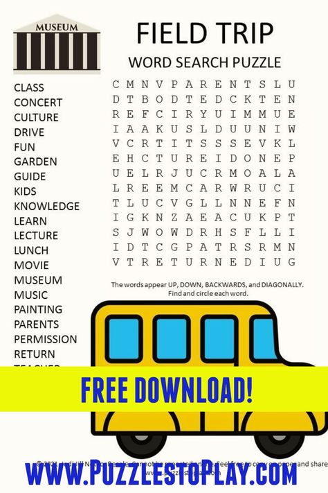 The free download field trip word search printable puzzle will have you wanting to go out in the world and explore. Students learn so much going to different places on a school outing. Pencil Games, Free Word Search Puzzles, Word Games For Kids, Trip Games, Free Word Search, Puzzle Activity, Free Puzzles, Bullet Journal Printables, Senior Activities