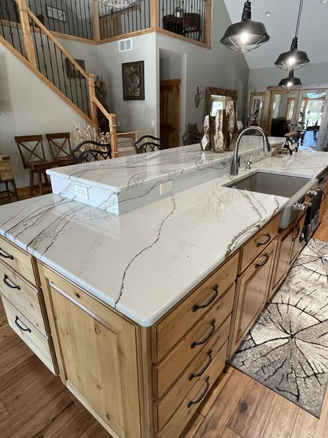 White Quartz Countertop With Hickory Cabinets, Cambria Clovelly Quartz, Earth Tone Quartz Countertops, Quartz Countertops With Hickory Cabinets, Quartz Countertops With Maple Cabinets, Quartz Brown Countertops, Clovelly Cambria, Hawksmoore Cambria Quartz Countertops, Wood And Quartz Countertops