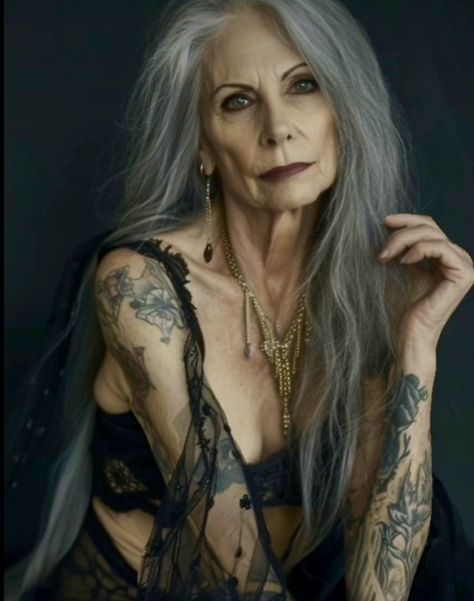 Old Women With Long Hair, 39 Years Old Woman, Silver Haired Girl, Character Inspiration Woman, Older Woman Dreadlocks, Older Women With Tattoos, Old Women With Tattoos, Older Woman Portrait, Beautiful Aged Women