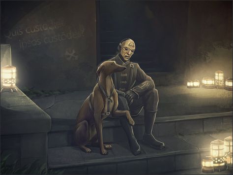 I'll stay by your side by ViaEstelar on DeviantArt. Corvo Attano, Thing To Draw, Random Notes, The Pose, Dishonored, Bioshock, Animal Companions, Urban Fantasy, By Your Side