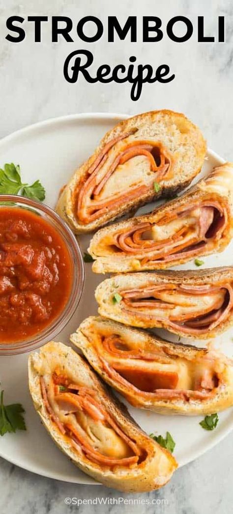 This easy Stromboli recipe starts with refrigerated pizza dough, and is loaded with all your favorite pizza toppings! Salami, pepperoni, ham and lots of cheese are the key ingredients in this delicious recipe! #spendwithpennies #stromboli #easyrecipe #kidfriendly #strombolirecipe #weeknightmeal #lunch #easylunch #pizza #pizzaroll Simple Stromboli Recipe, Easy Stromboli, Pizza Stromboli, Stromboli Recipe Easy, Refrigerated Pizza Dough, Stromboli Recipe, Spend With Pennies, Butter Spread, Fun Easy Recipes