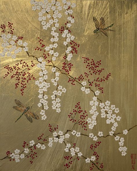 Oil Painting — Vanessa Kress Simple Chinoiserie, Chinoiserie Paintings, Asian Bedroom Decor, Chinoiserie Painting, Chinoiserie Panels, Gold Leaf On Canvas, Gold Art Painting, Embroidery Stitches Beginner, Vietnam Art