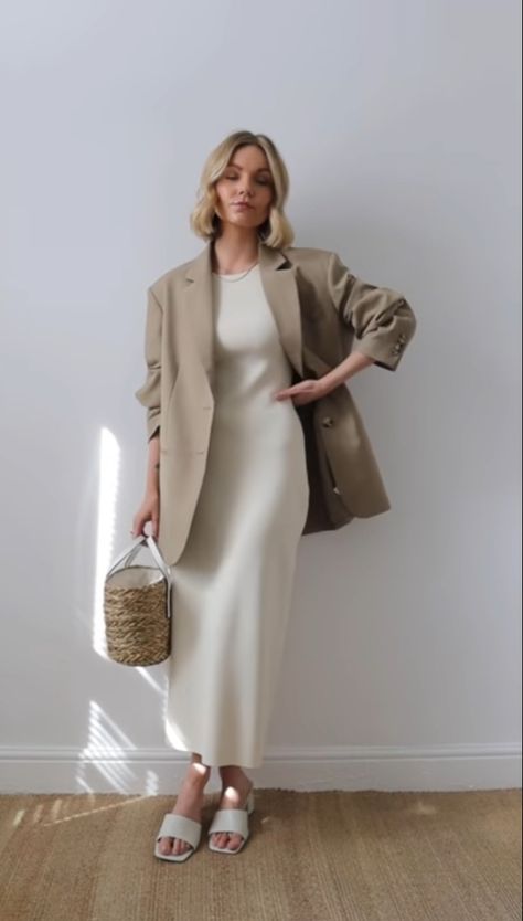 Blazer Outfits For Women Dress, Neutral Outfit Inspiration, Modest Work Dresses, Casual Dress With Blazer, Spring Capsule Wardrobe 2022, Modest Work Outfits, Capsule Wardrobe 2022, Modest Casual, Blazer Outfits For Women