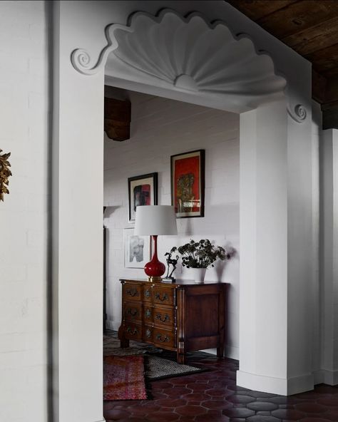 Spanish Style Office, Front Main Gate Design, Spanish Office, Trim Inspiration, Style Hacienda, Saltillo Tile Floor, Fortuny Fabric, Rainn Wilson, Saltillo Tile