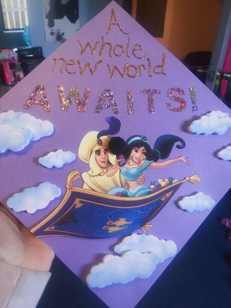 My Aladdin themed graduation cap :) #disney #princess #jasmine #aladdin Diy Grad Cap, Princess Jasmine Aladdin, Disney Graduation Cap, Creative Graduation Caps, Disney Graduation, Jasmine Princess, Aladdin Disney, High School Graduation Cap, College Graduation Cap Decoration