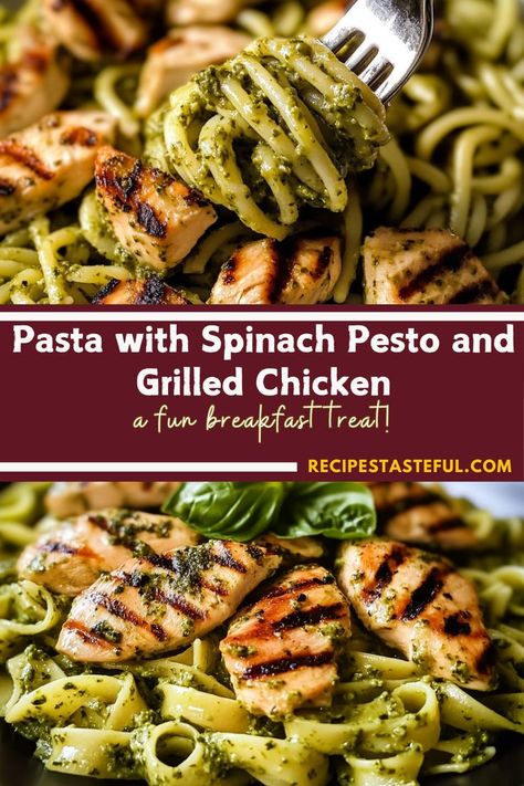 This fresh and flavorful pasta dish combines vibrant spinach pesto with perfectly grilled chicken for a light yet satisfying meal. Packed with wholesome ingredients, it’s an easy, healthy option for busy weeknights or weekend dinners. The creamy pesto sauce and tender chicken pair perfectly with your favorite pasta, making this dish a deliciously simple way to enjoy a burst of flavor! Pesto Pasta Recipes Chicken, Spinach Pesto Pasta, Grilled Chicken Pasta, Pesto Spinach, Pasta With Spinach, Healthy Pesto, Creamy Pesto Sauce, Chicken Pasta Dishes, Spinach Pesto