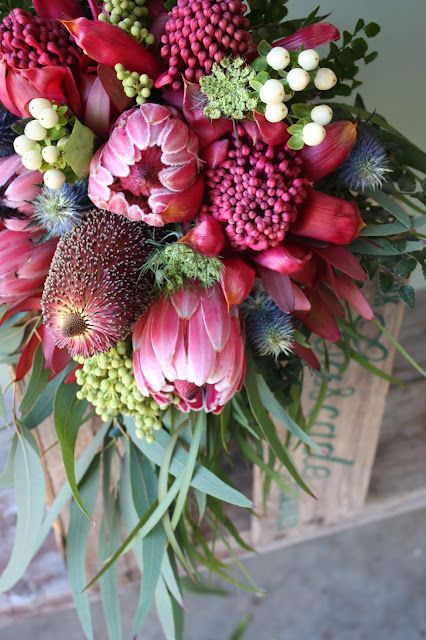 Swallows Nest Farm: september wedding Australian Native Flower Bouquet, Australian Native Flower Arrangements, Native Flower Arrangements, Native Flower Bouquet, White Spray Roses, Botanical Photography, Hypericum Berries, Flower Arrangement Designs, Australian Native Flowers