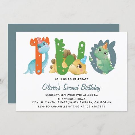 Dinosaur Second Birthday Party for $2.80 - Birthday Invitations Dinosaur Second Birthday Party, Dinosaur Second Birthday, Dinosaur Birthday Theme, Typography Script, Second Birthday Party, Boys First Birthday Party Ideas, 80th Birthday Invitations, Dinosaur Invitations, Park Birthday