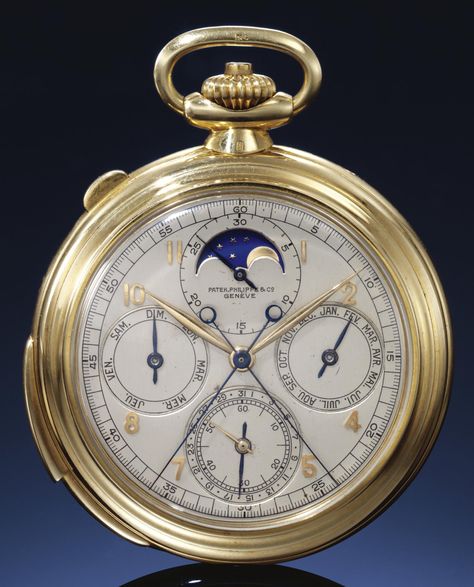 **Patek Philippe, YELLOW GOLD PERPETUAL CALENDAR SPLIT SECONDS CHRONOGRAPH POCKET WATCH WITH MOON-PHASES Patek Philippe Pocket Watch, Rare Watches, Old Pocket Watches, Patek Philippe Watches, Time Keeper, Pocket Watch Antique, Vintage Pocket Watch, Pendant Watches, Barometer