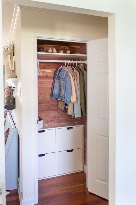 Cedar Coat Closet Makeover - Shades of Blue Interiors Ikea Shoe Storage Cabinet, Entry Way Closet Makeover, Coat Closet Storage, Coat Closet Makeover, Coat Closet Ideas, Coat Cupboard, Small Coat Closet, Ikea Shoe Storage, Ikea Closet Organizer