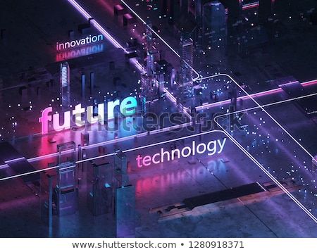 Futuristic city of glass and metal. 3D text innovation, technology and the future. Retro style of the 80s. Neon light. Transmission of digital data. 3D render-illustration 3d Data Visualization, City Of Glass, Technology Wallpaper, 3d Studio, 3d Text, Technology Background, Futuristic City, Future City, 3d Texture