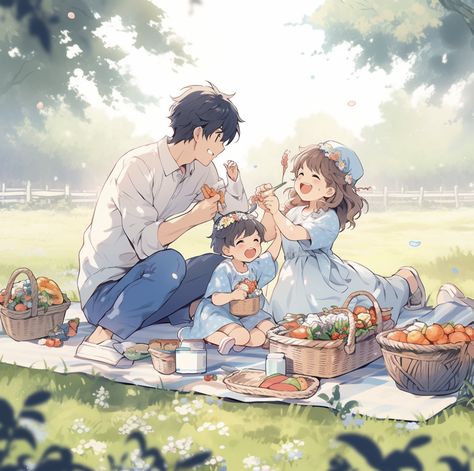 Family picnic father and kids Picnic Pose Reference, Family Illustration Art Aesthetic, Father And Son Anime Art, Family Picnic Drawing, Picnic Drawing Reference, Family Reference Poses, Picnic Reference, Anime Picnic, Picnic Sketch