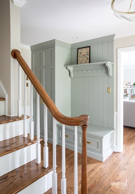 Entryway Blue Wall, Mudroom Colors Scheme Entryway, Foyer Storage Ideas Entryway, Mudroom Colors, Pigeon Farrow And Ball, Cottage Style Mudroom, Painted Entryway, Gray Hallway, Mirror Decorating Ideas