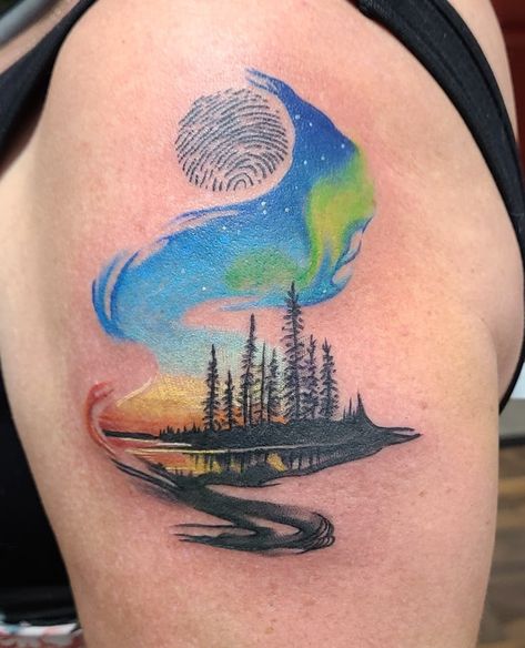 Northern Light Tattoo, Tats Designs, Jesse Tattoo, Aurora Borealis Tattoo, Normal Tattoo, Anniversary Tattoos, Lights Tattoo, Watercolor Mountains Tattoo, Aurora Tattoo