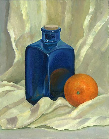 Orange Still Life Reference, Still Life Orange, Yellow Bottle Painting, Bottle Still Life Painting, Blue Still Life, Still Life Orange Painting, Life Reference, Complimentary Colours, Reflection Painting