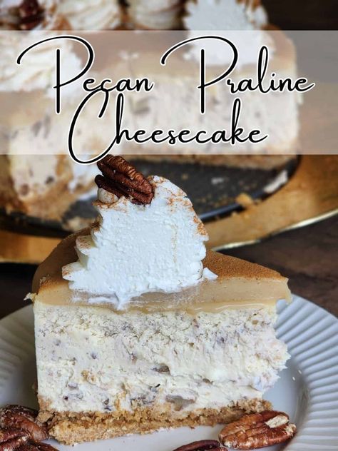 Pecan Praline Cheesecake Recipe with Cinnamon Whipped Cream - The Proverbs Kitchen Pecan Praline Cheesecake Recipe, Pecan Praline Cheesecake, Praline Pecans Recipe, Praline Cheesecake, Cinnamon Whipped Cream, Pralines And Cream, Vanilla Cream Cheese, Pecan Sandies, Pecan Praline