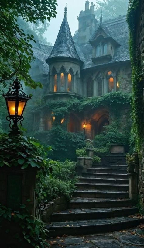 Victorian House In The Woods, Elvish Building, Dark Aesthetic House Exterior, Cottage Mansion Exterior, Houses With Turrets, Gothic Victorian Architecture, Witches Mansion, Victorian Castle Exterior, Whimsical Mansion