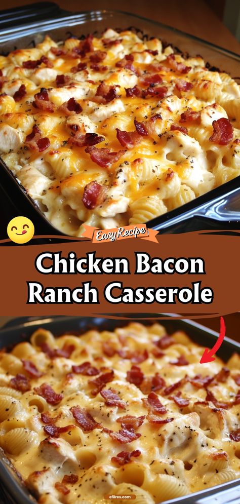 Dive into the creamy depths of this Chicken Bacon Ranch Casserole, where chicken and bacon meet ranch dressing and pasta in a dish that’s as comforting as it is delicious. It’s perfect for those who love their flavors bold and satisfying. #BaconRanch #ChickenCasserole #ComfortFood Chicken Recipes In The Oven, Easy Chicken Bacon Ranch Casserole, Chicken Bacon Casserole Recipes, Quick And Easy Chicken Casserole Recipes, Chicken Bacon Ranch Mac And Cheese, Supper Ideas With Chicken, Leftover Baked Chicken Recipes, Chicken Bacon Ranch Recipes, Meals With Bacon