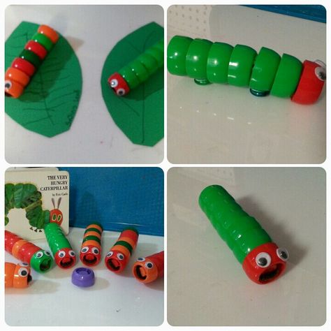 Very Hungry Caterpillars....made with baby food pouch lids. Caterpillar Projects For Preschool, Pouch Lid Crafts, Pouch Cap Crafts, Crafts With Pouch Caps, Squeeze Pouch Cap Activities, Sensory Caterpillar, Caterpillar Egg Carton Craft, Caterpillar Snack Preschool, Squeeze Pouch Caps