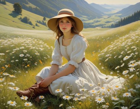 a girl in a hat sits in a field among daisies on the outskirts of a mountain Sitting In A Field, Mountain Meadow, Ralph Mcquarrie, Deep Dream, Green Hills, Person Sitting, John James Audubon, Golden Light, Golden Lights