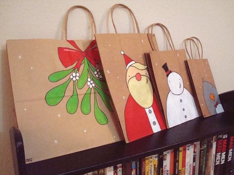 Painted Christmas Gift Bags, Hand Painted Gift Bags, Painted Gift Bags, Painted Christmas Gifts, Gift Bags Diy, Hand Painted Gifts, Painted Bags, Wrap Ideas, Paint Projects