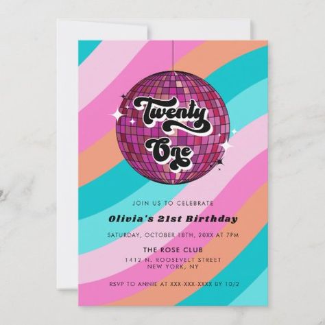 $3.08 | Retro Disco Ball Pink 21st Birthday | Birthday Invitations | retro, disco, modern, glitter, rose gold, sparkle, 21st birthday invitations, glam glamorous, pink, disco party Pink 21st Birthday, 21st Birthday Themes, Retro Disco Ball, 21st Birthday Presents, Dance Party Birthday, 21st Birthday Decorations, Glitter Rosa, 21st Birthday Invitations, Retro Disco