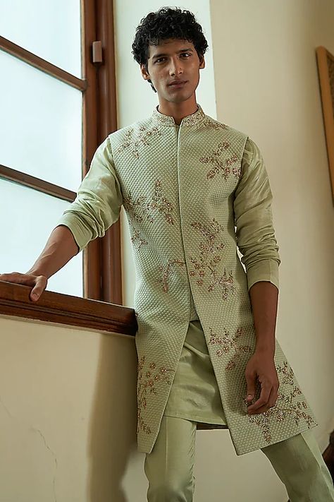 Shop Designer Sherwani for Wedding | Sherwani for Groom Green Sherwani For Men, Wedding Sherwani For Groom, Green Sherwani, Sherwani For Groom, Mehendi Outfit, Placement Embroidery, Sherwani Groom, Sherwani For Men, Wedding Sherwani