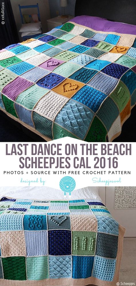 Last Dance on the Beach Scheepjes CAL 2016 Free Crochet Pattern Beach Blanket Crochet Pattern, Crochet Cal Patterns, Crochet Sampler Afghan Pattern, Crochet Beach Theme Blanket, Sand And Sea Crochet Throw, Last Dance On The Beach Cal, Crochet Sampler Afghan, Ocean Inspired Crochet Blanket, Dance On The Beach