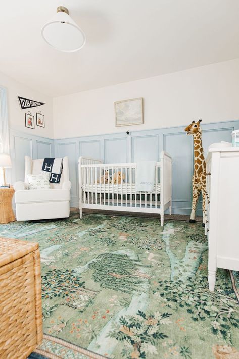 A traditional Baby Boy Nursery Inspiration featuring Namesake Nursery. Namesake has affordable high quality items that transformed our space. Boy Nursery Inspiration, Southern Nursery, Blue Green Nursery, Nursery Inspiration Boy, Traditional Nursery, Rug Placement, Southern Baby, Southern Boys, Wicker Side Table